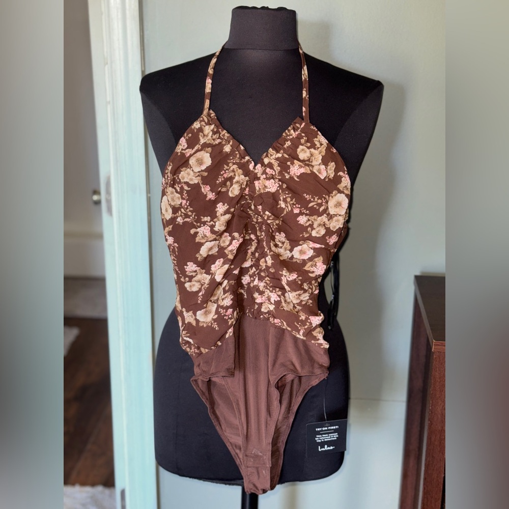 Lulus Floral Brown Halter Bodysuit